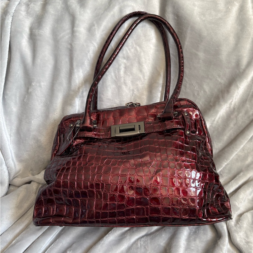 44. Danier patent burgundy red, crocodile embossed shoulder bag